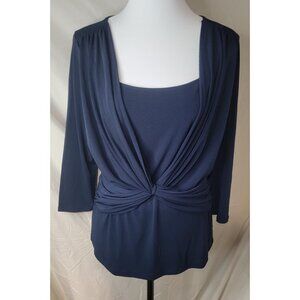 New York & Company Women’s Medium Navy Blue Knot Front Draped Blouse Top NWT